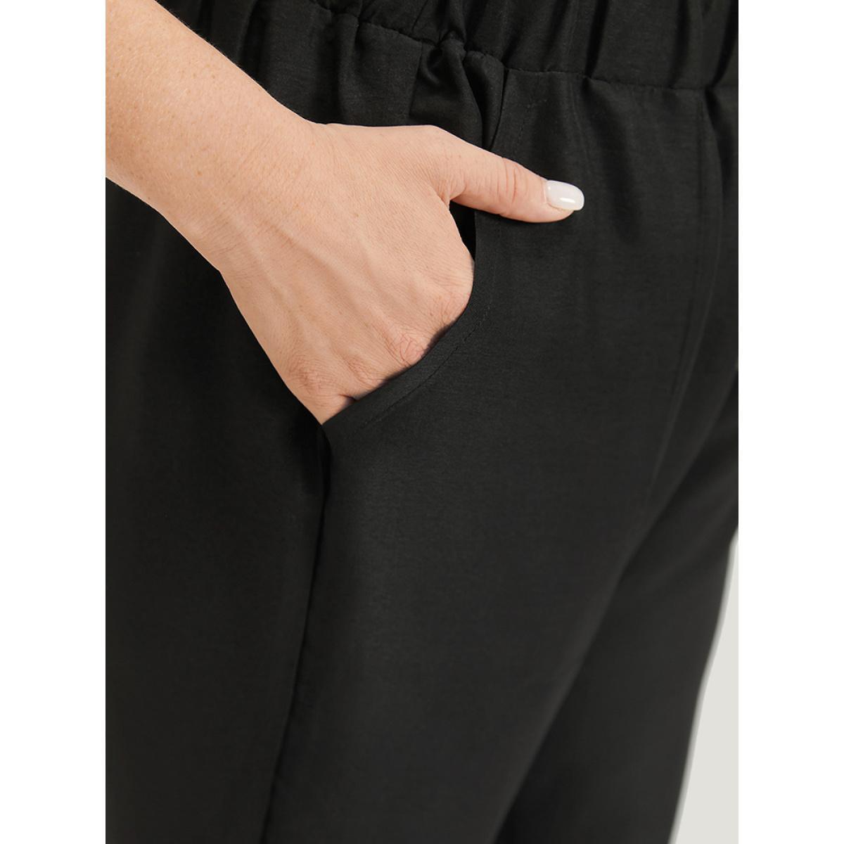 Plus Size Solid Pocket Button Detail Elastic Waist Pants Women Black Casual High Rise Dailywear Pants BloomChic 22-24/3X Product Image