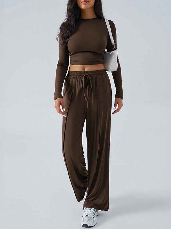 Long Sleeves Loose Solid Color Round-Neck T-Shirt Top + Drawstring Elasticity Pockets Pants Bottom Two Pieces Set Product Image