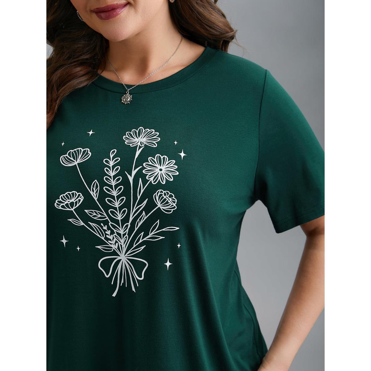 Plus Size Floral Motif Round Neck Fitted T-Shirt DarkGreen Women Casual Non Natural Flowers Round Neck Everyday T-shirts BloomChic 10/M Product Image