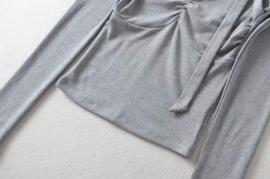 Long-Sleeve Halter-Neck Plain Shirred T-Shirt Product Image