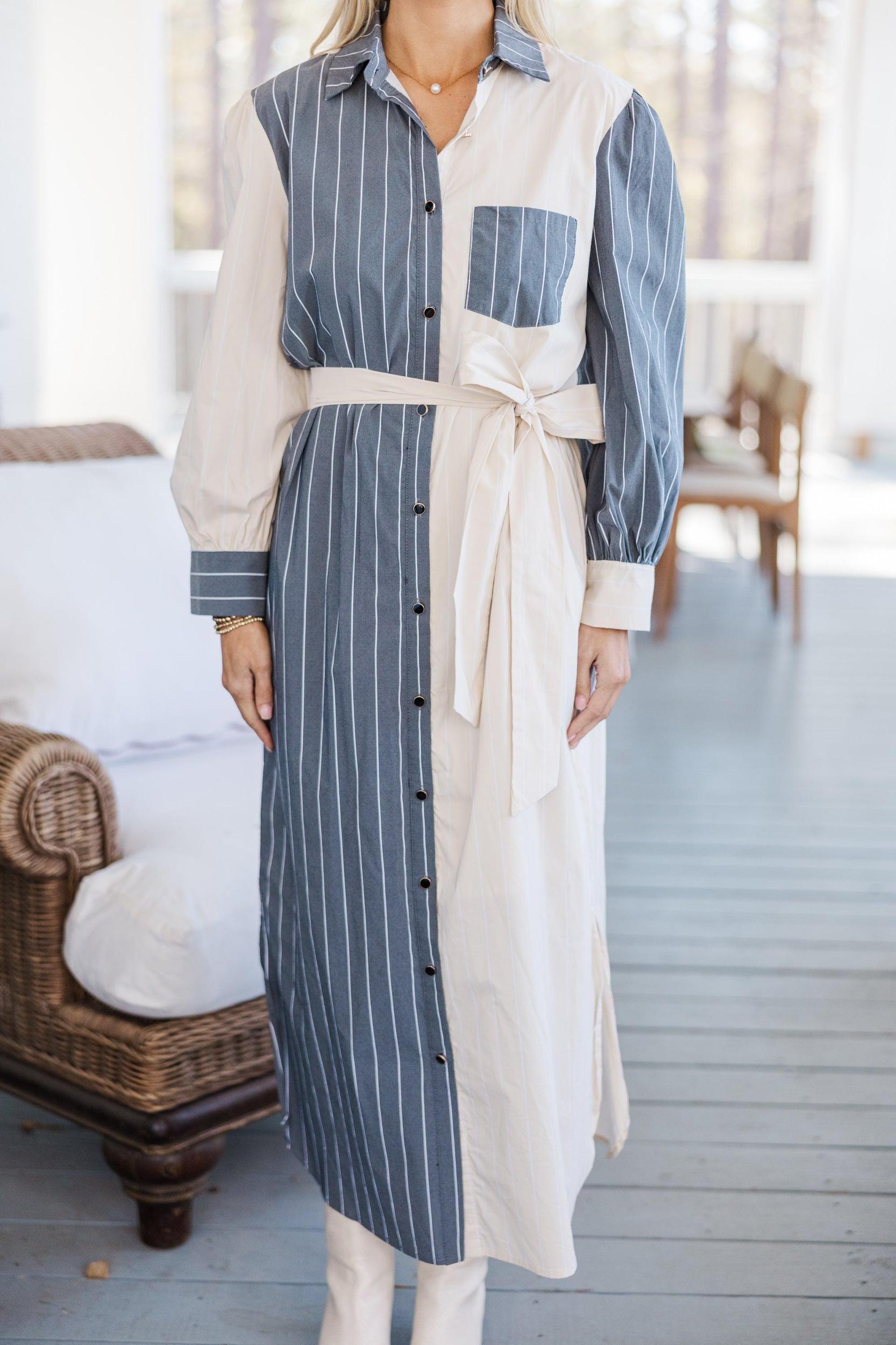 Just A Reminder Taupe Striped Midi Dress Female Product Image