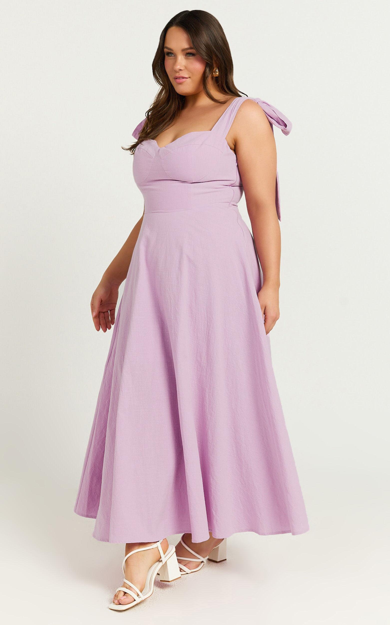 Tymia Midi Dress - Shoulder Tie Bustier Shirred Back A Line in Lavender Product Image