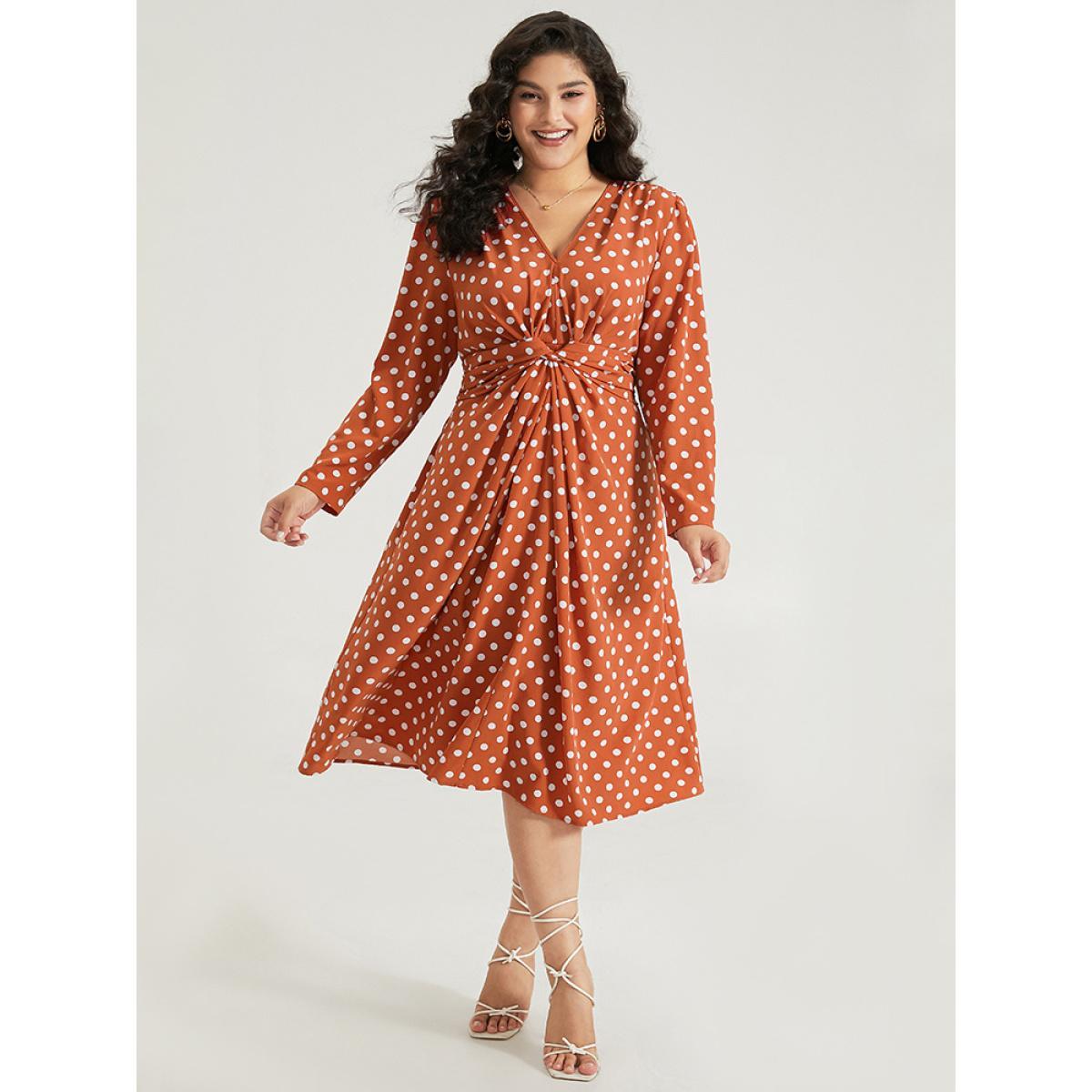 Plus Size Polka Dot Pocket V Neck Twist Front Ties Dress Salmon Women Elegant Cross straps V-neck Long Sleeve Curvy Midi Dress BloomChic 28/5X Product Image