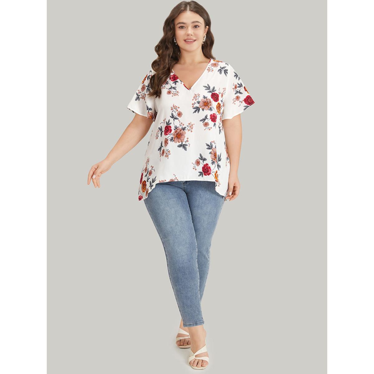 Plus Size White Floral Print High Low Hem Flutter Blouse Women Elegant Short sleeve V-neck Dailywear Blouses BloomChic 18-20/2X Product Image