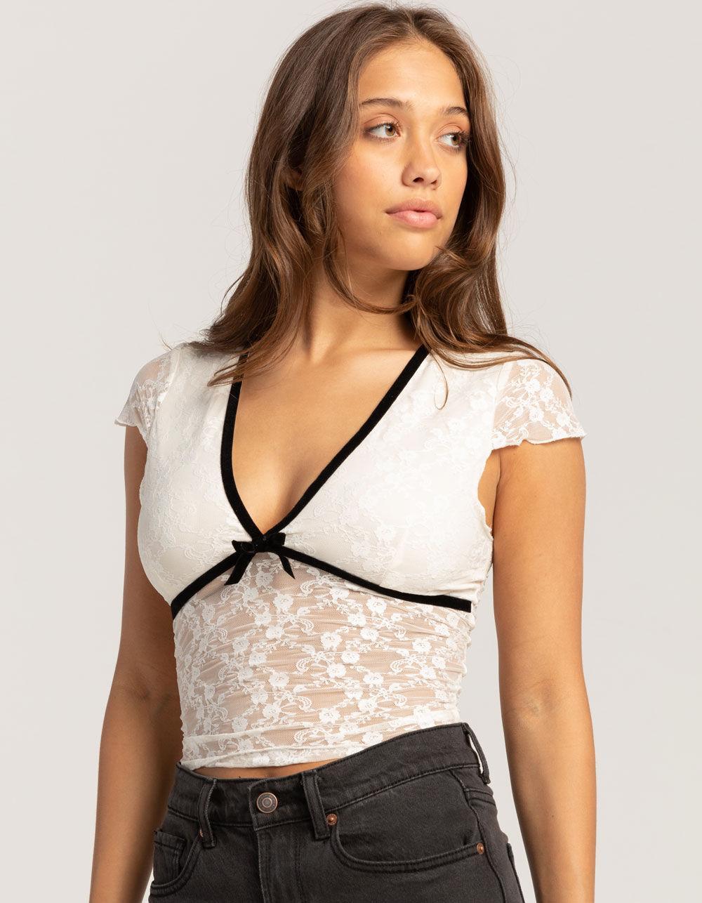 FULL TILT Lace V-Neck Womens Top - IVORY Product Image