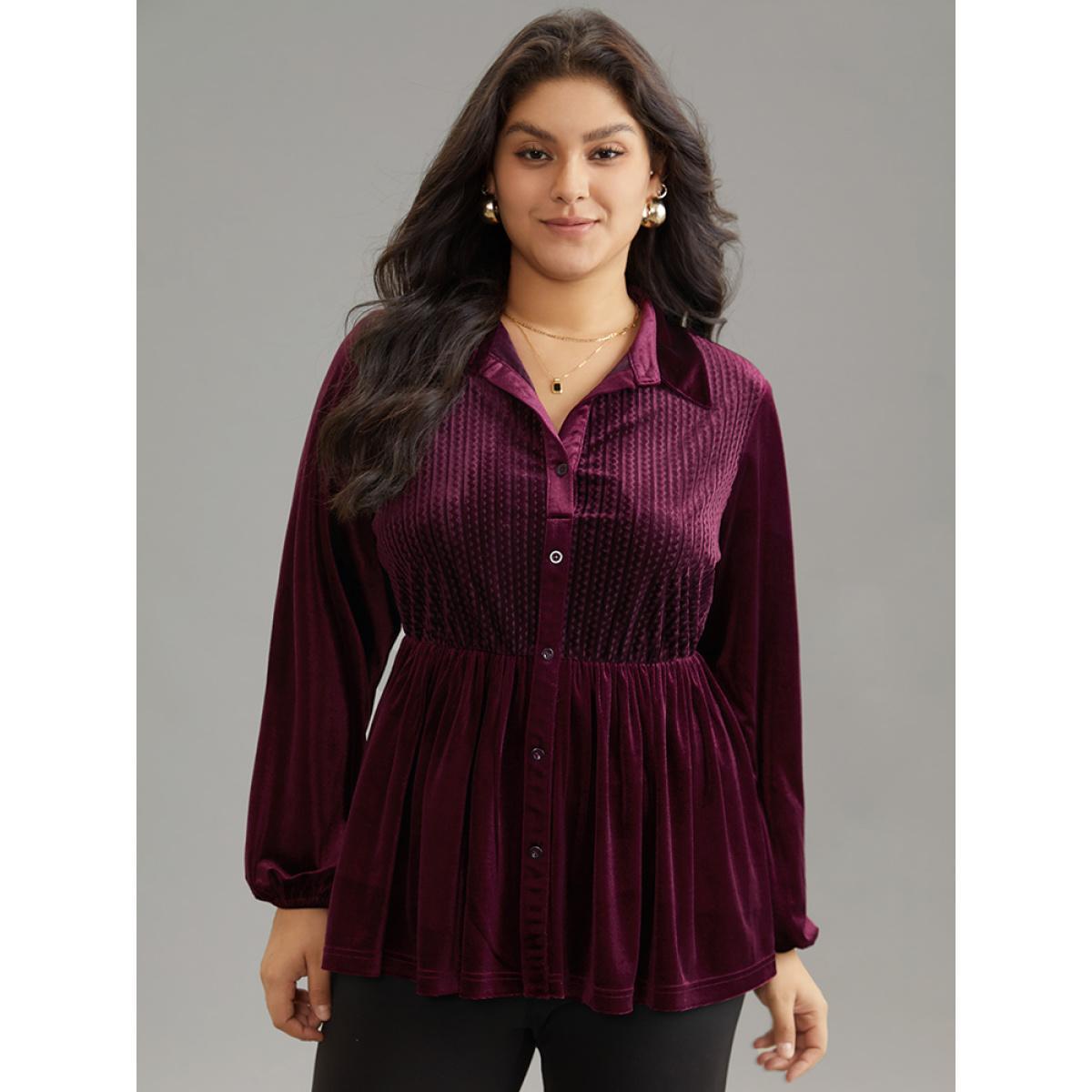 Plus Size Burgundy Shirt Collar Button Through Lantern Sleeve Corduroy Blouse Women Elegant Long Sleeve Shirt collar Dailywear Blouses BloomChic 30/6X Product Image