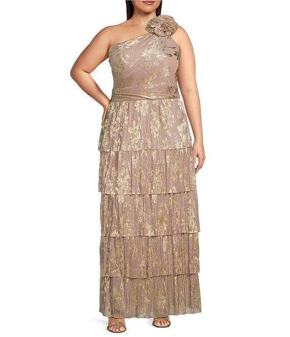 R & M Richards Plus Size One Shoulder Metallic Foil Printed Rosette Dress Product Image