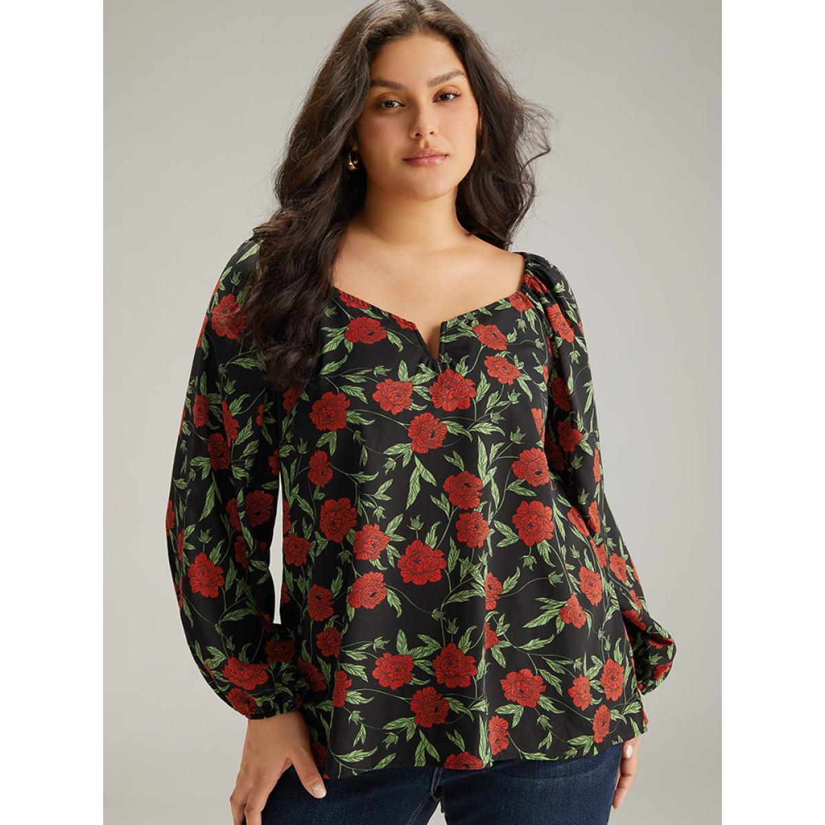 Plus Size BlackFlower Floral Print Notched Lantern Sleeve Blouse Women Elegant Long Sleeve Square Neck Dailywear Blouses BloomChic 22-24/3X Product Image