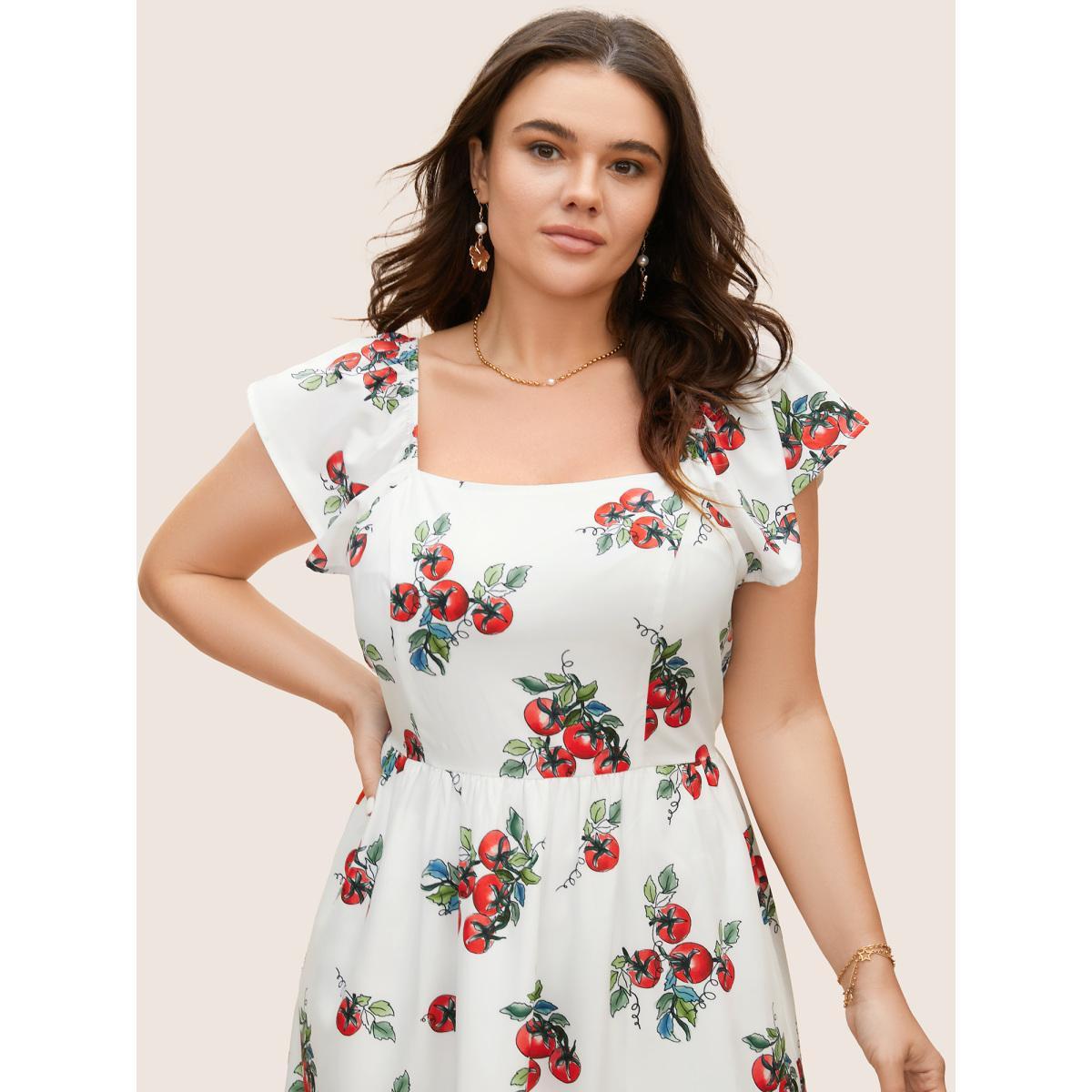Plus Size Tomato Print Square Neck Ruffle Cap Sleeve Dress Originalwhite Women Elegant Ruffles Square Neck Cap Sleeve Curvy BloomChic 28/5X Product Image