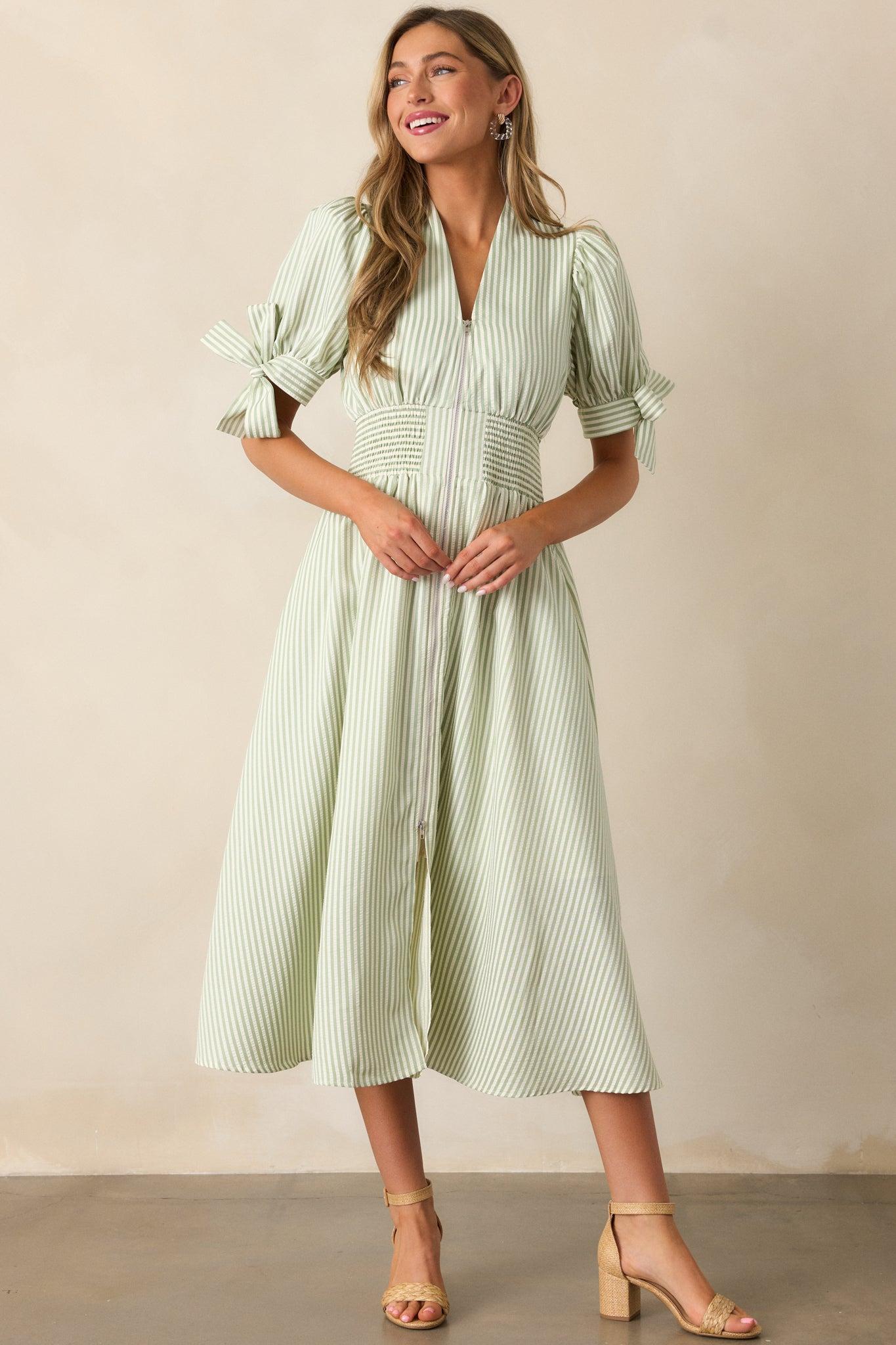 Afternoon Tea Green Stripe Zip Front Midi Dress Product Image