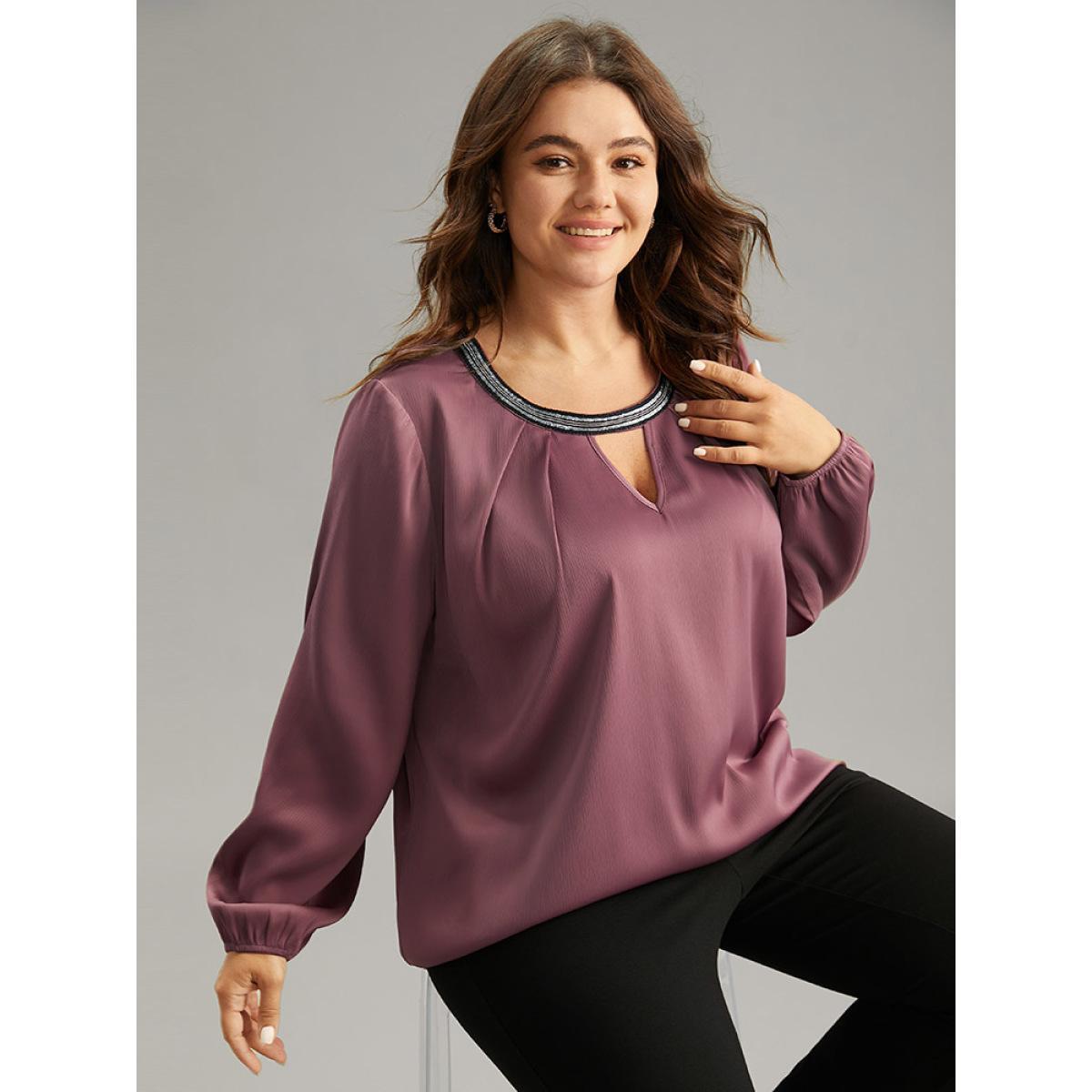 Plus Size DustyPink Static-Free Keyhole Pleated Contrast Webbing Blouse Women Office Long Sleeve Keyhole Cut-Out Work Blouses BloomChic 14-16/1X Product Image