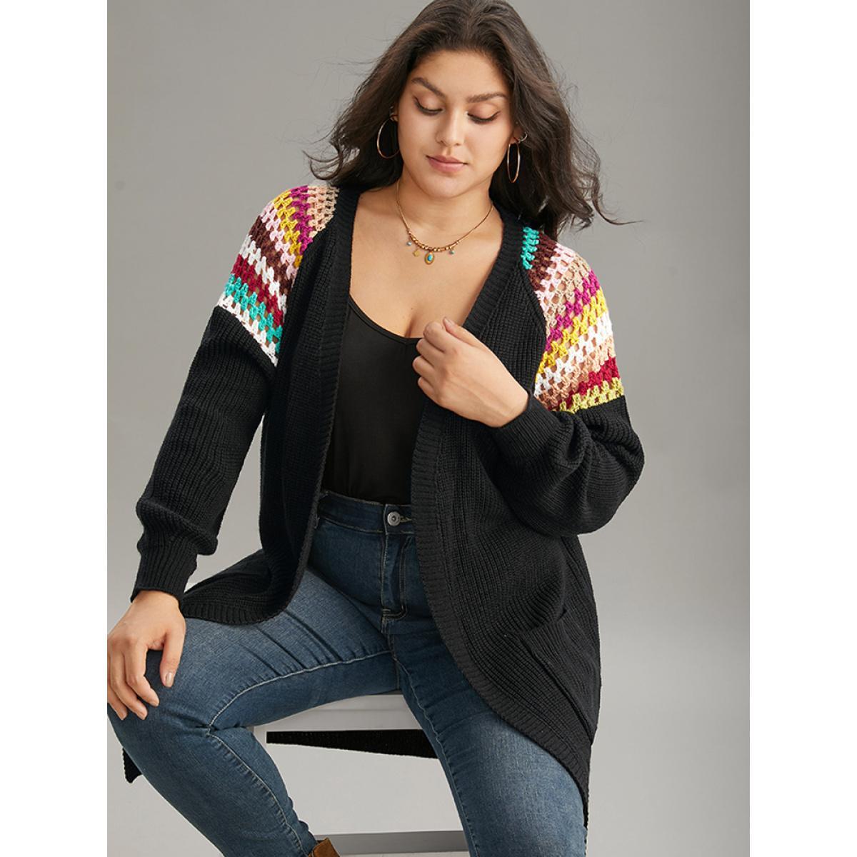 Plus Size Rainbow Embroidered Raglan Sleeve Open Front Cardigan Black Women Casual Loose Long Sleeve Dailywear Cardigans BloomChic 28/5X Product Image