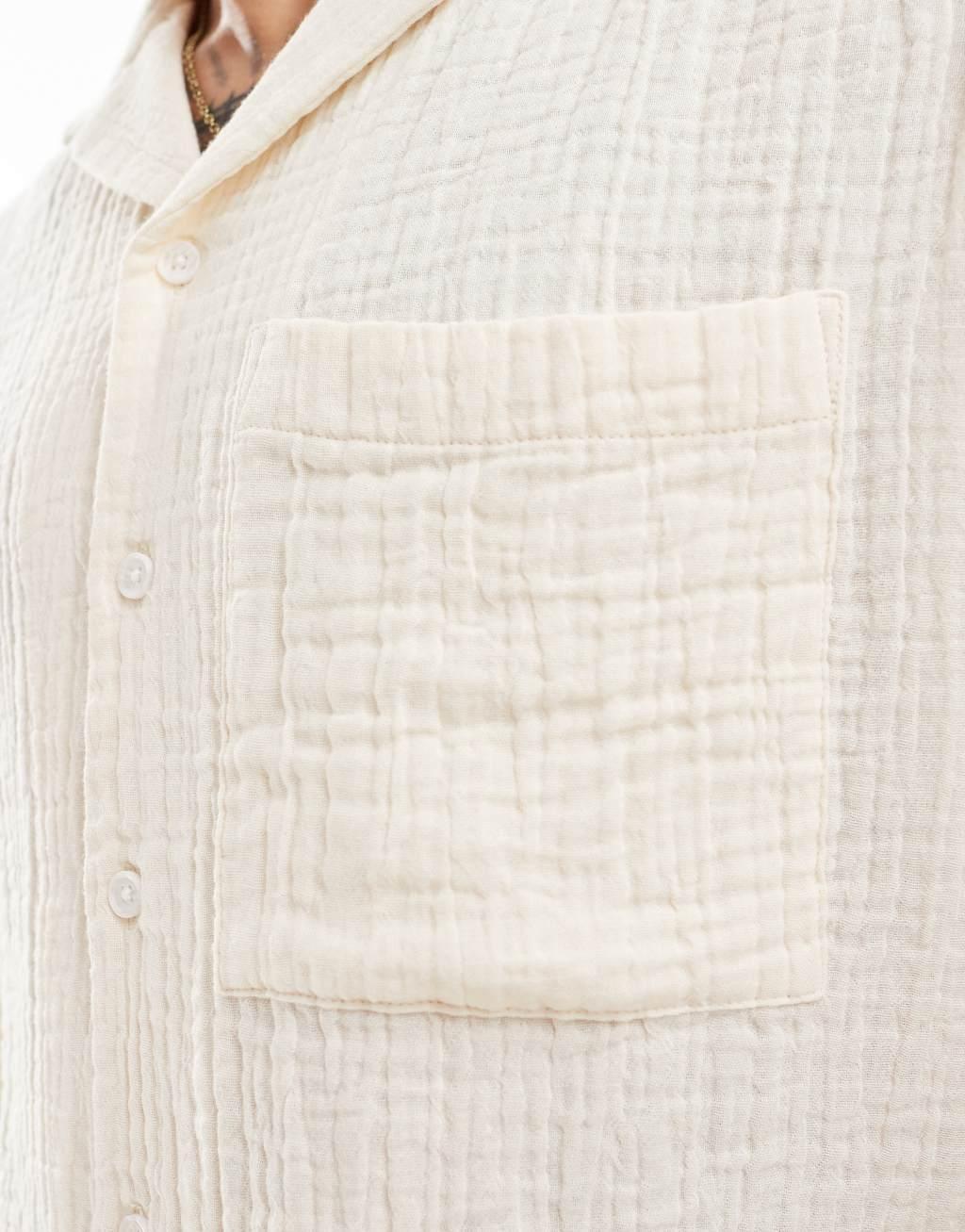 ONLY & SONS revere collar cheesecloth shirt in cream Product Image