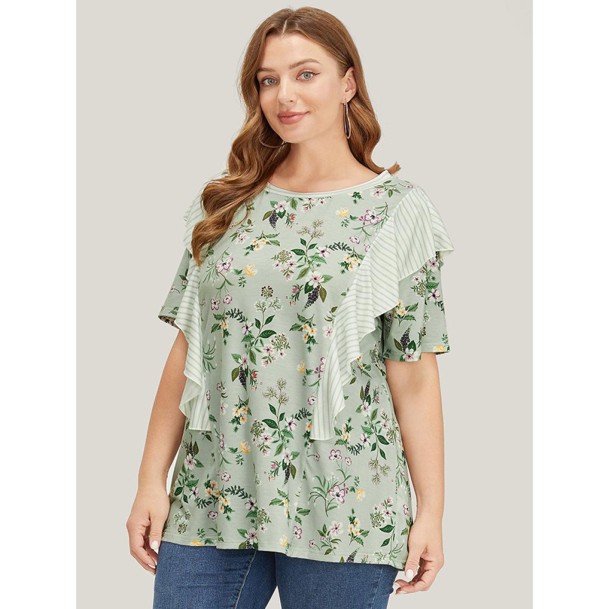 Plus Size Floral Patchwork Round Neck Striped Ruffle Trim T-shirt SpringGreen Women Elegant Striped Round Neck Dailywear T-shirts BloomChic 30/6X Product Image