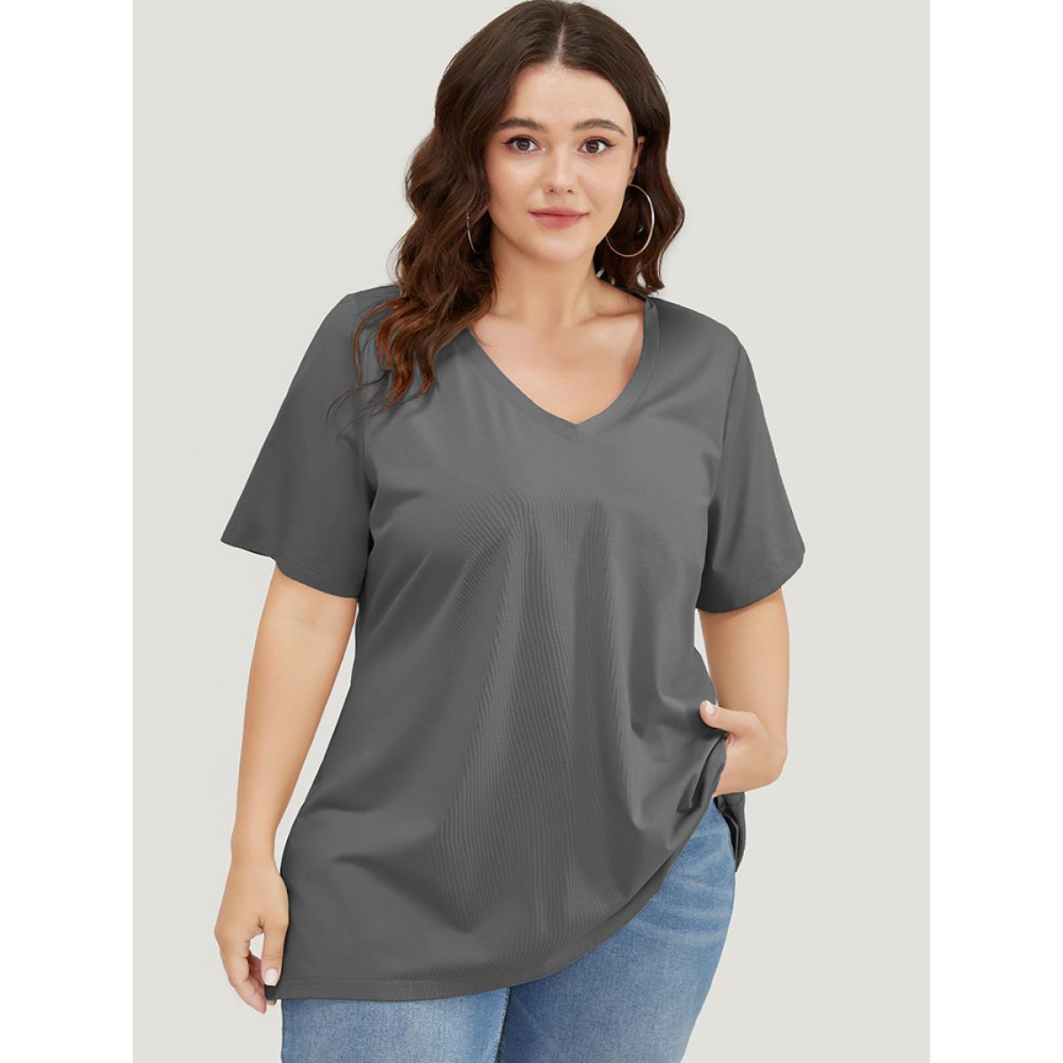 Plus Size UltraCool V Neck Slightly Stretchy T-shirt Gray Women Basics Plain V-neck Dailywear T-shirts BloomChic 12/L Product Image