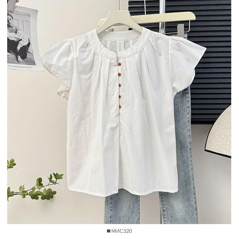 Cap-Sleeve Pleated Loose Blouse Product Image