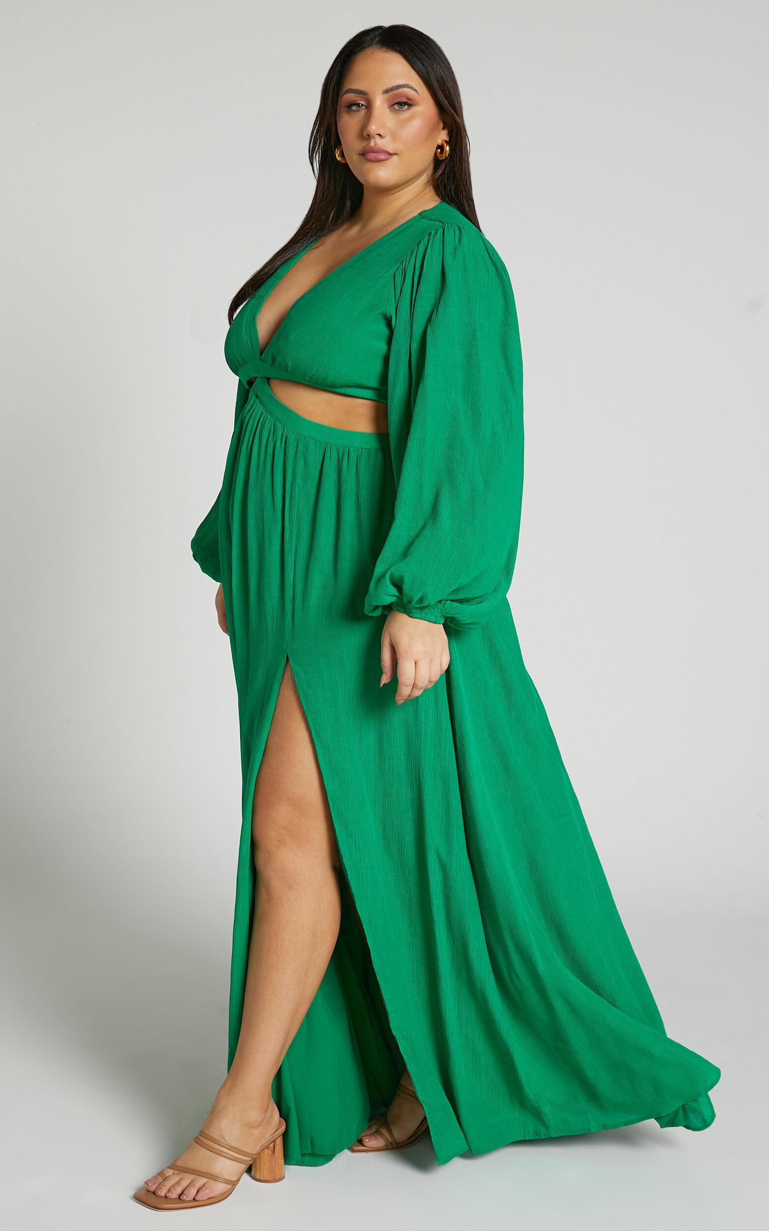 Paige Maxi Dress - Side Cut Out Balloon Sleeve Dress in Green Product Image