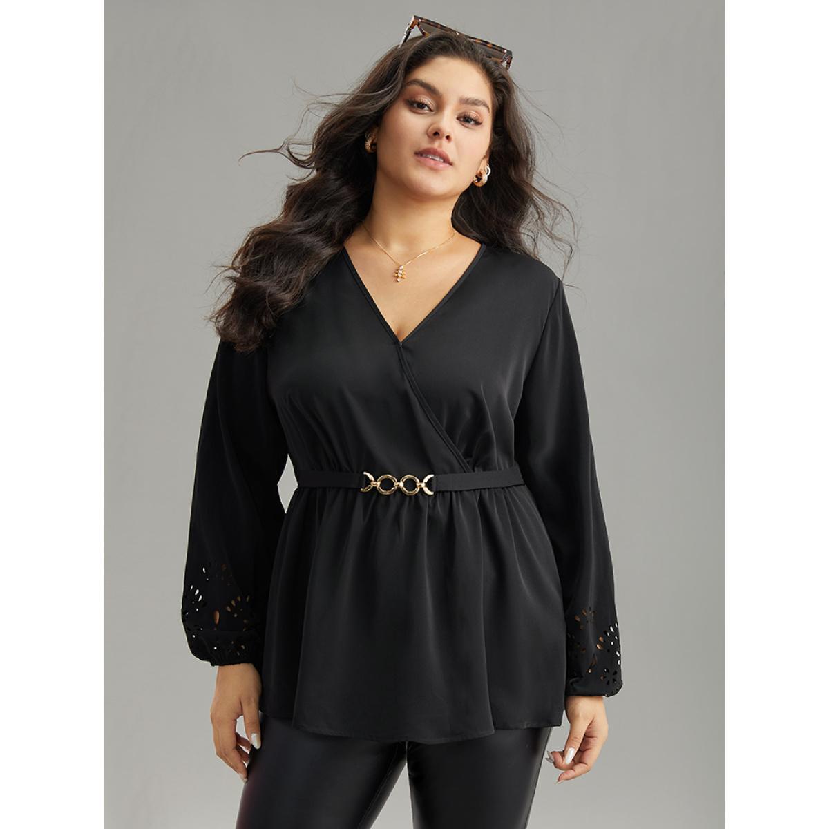Plus Size Black Plain Elastic Waist Buckle Detail Wrap Blouse Women Office Long Sleeve V-neck Work Blouses BloomChic 10/M Product Image
