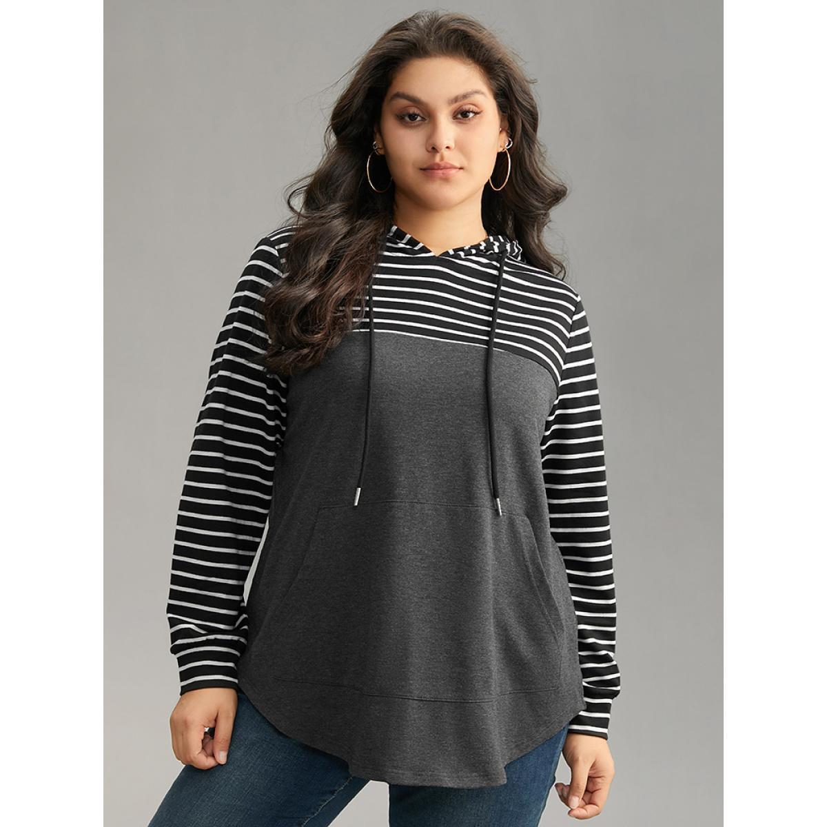Plus Size Striped Patchwork Hooded Pocket Drawstring Sweatshirt Women DimGray Casual Contrast Hooded Everyday Sweatshirts BloomChic 10/M Product Image