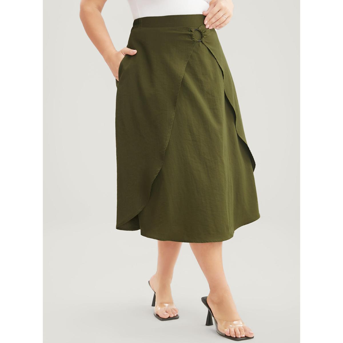 Plus Size Plain Pocket Buckle Detail Asymmetrical Elastic Waist Skirt Women ArmyGreen Elegant Plain Loose No stretch Pocket Dailywear Skirts BloomChic 30/6X Product Image