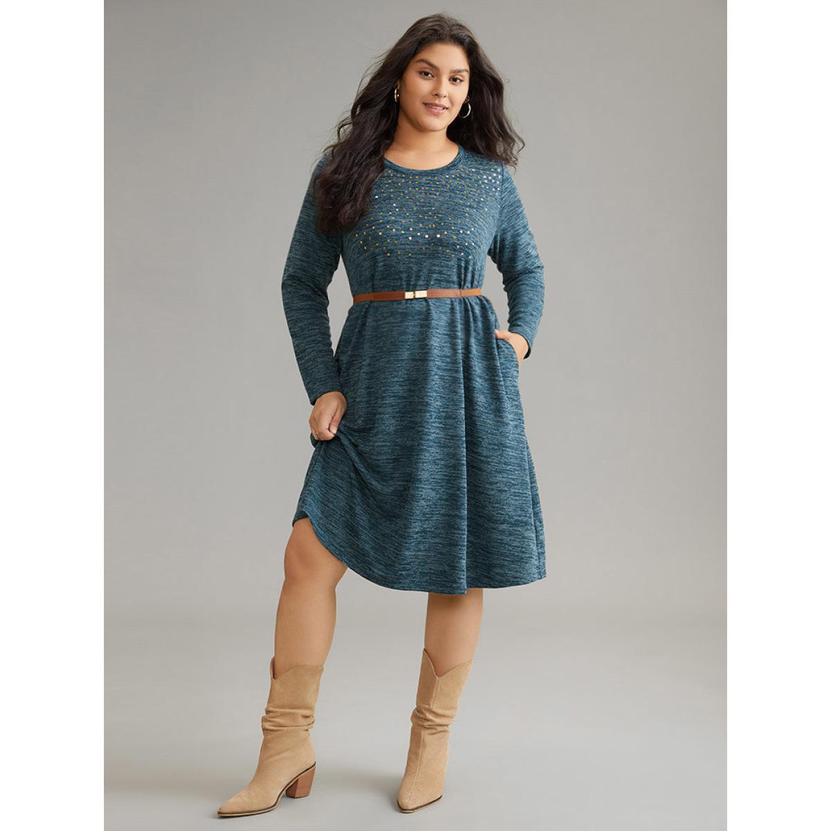 Plus Size Sequin Heather Pocket Long Sleeve Dress Aegean Women Basics Sequin Round Neck Long Sleeve Curvy Midi Dress BloomChic 26/4X Product Image