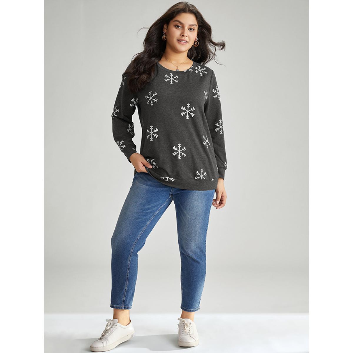 Plus Size Snowflake Print Round Neck Sweatshirt Women DimGray Casual Contrast Round Neck Festival-Christmas Sweatshirts BloomChic 30/6X Product Image