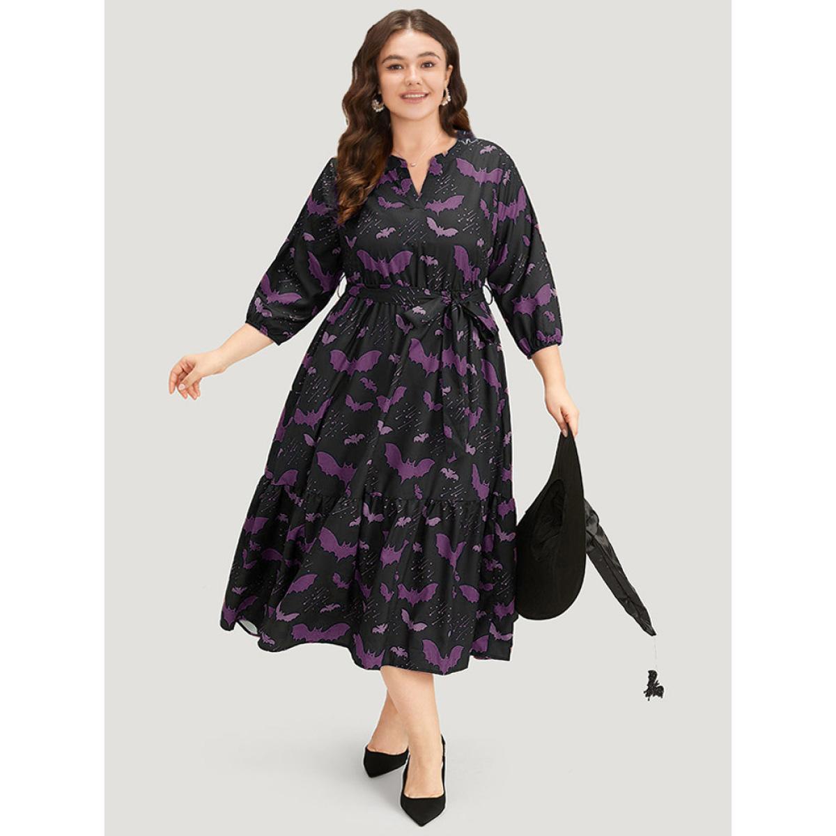 Plus Size Halloween Bat Print Notched Belted Pocket Dress Purple Women Office Elastic cuffs Notched collar Elbow-length sleeve Curvy Midi Dress BloomChic 18-20/2X Product Image