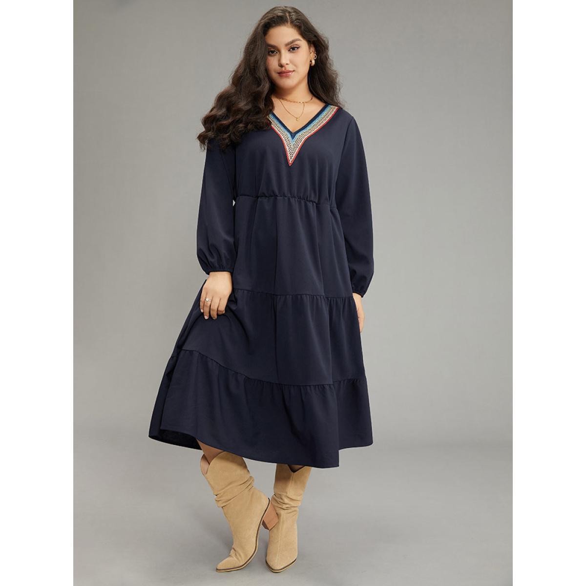 Plus Size Plain Contrast Webbing Elastic Waist Dress Midnight Women Casual Elastic cuffs V-neck Long Sleeve Curvy Midi Dress BloomChic 12/L Product Image