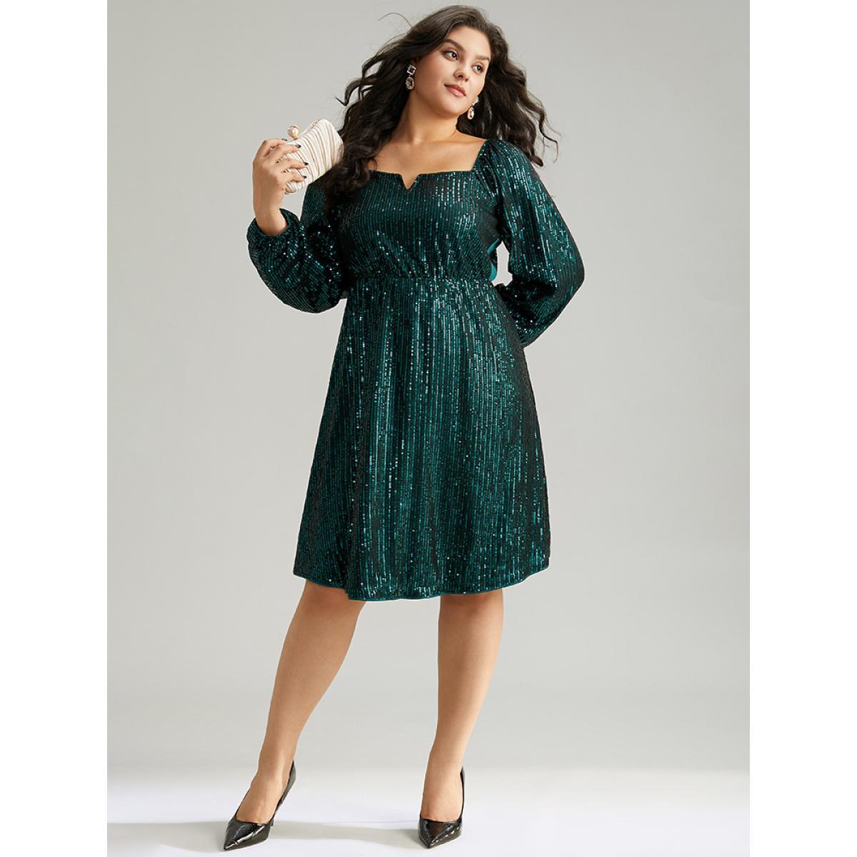 Plus Size Sequin Square Neck Lantern Sleeve Knee Dress DarkGreen Women Party Elastic cuffs Square Neck Long Sleeve Curvy Knee Dress BloomChic 18-20/2X Product Image
