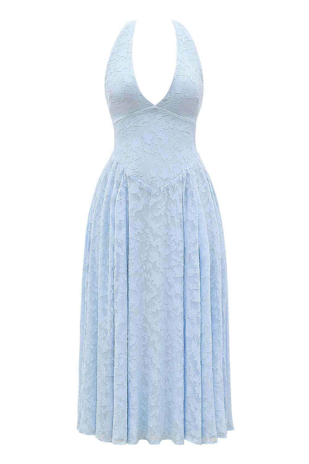 Arietta Bluebell Floral Jacquard Halter Midi Dress Product Image