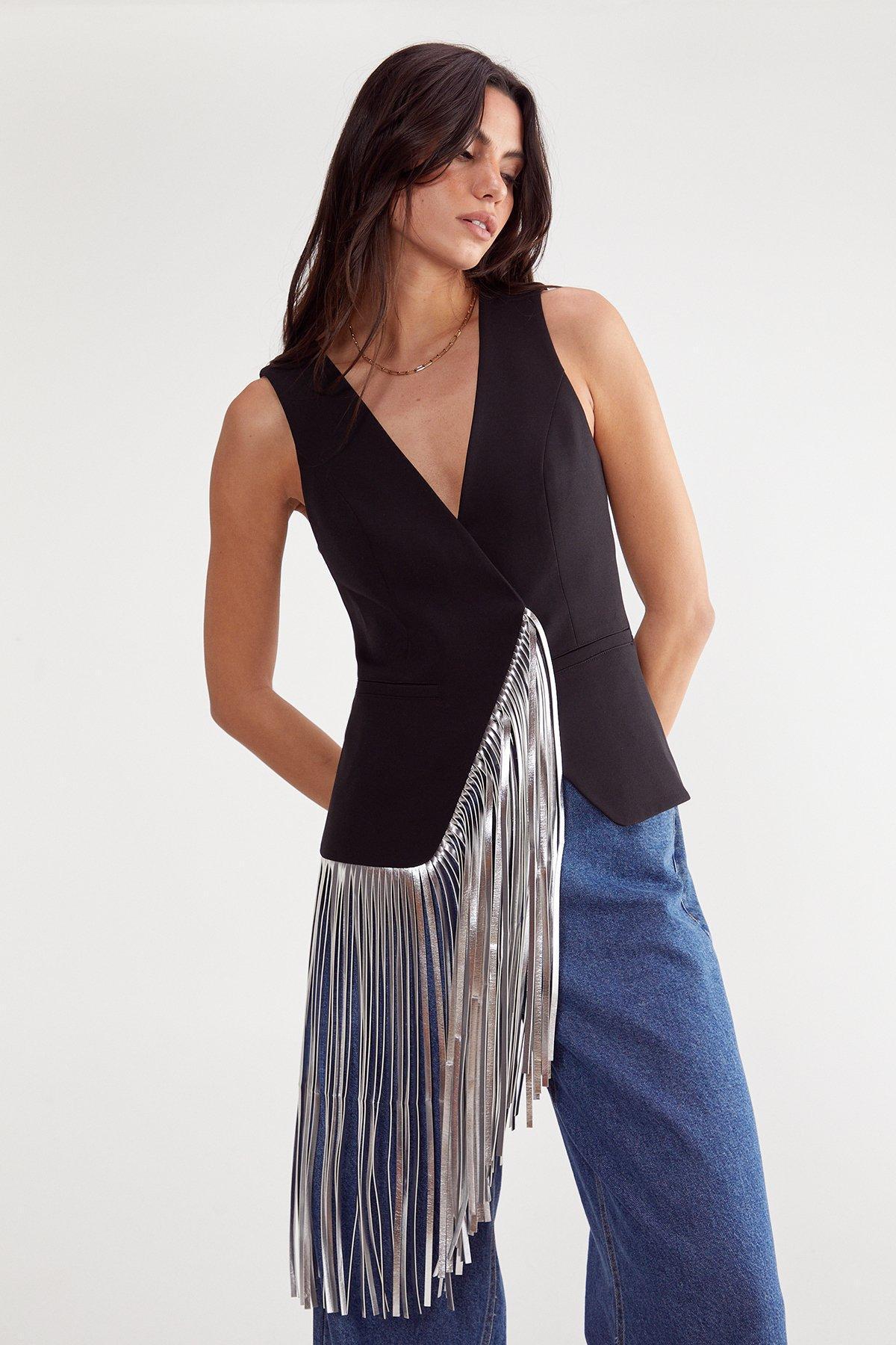 Tailored Faux Leather Fringed Top Product Image