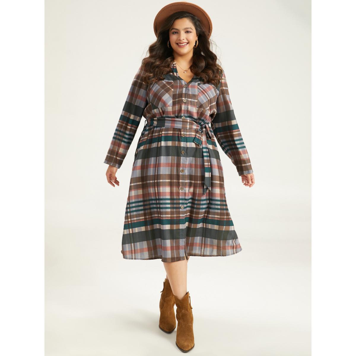 Plus Size Plaid Button Through Patched Pocket Dress Black Women Casual Belted Notched collar Long Sleeve Curvy Midi Dress BloomChic 10/M Product Image
