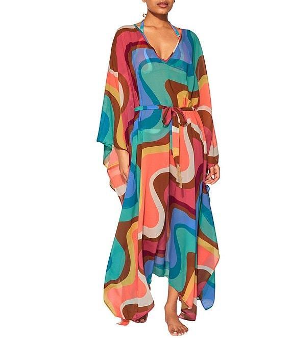 Kurt Geiger London Kensington Rainbow Swirl V-Neck Kaftan Swim Cover-Up Product Image