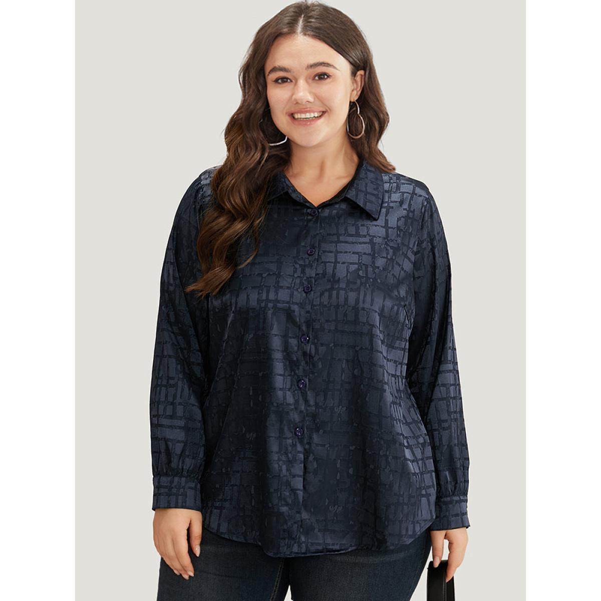 Plus Size Indigo Plisse Satin Button Up Curved Hem Blouse Women Office Long Sleeve Shirt collar Work Blouses BloomChic 12/L Product Image