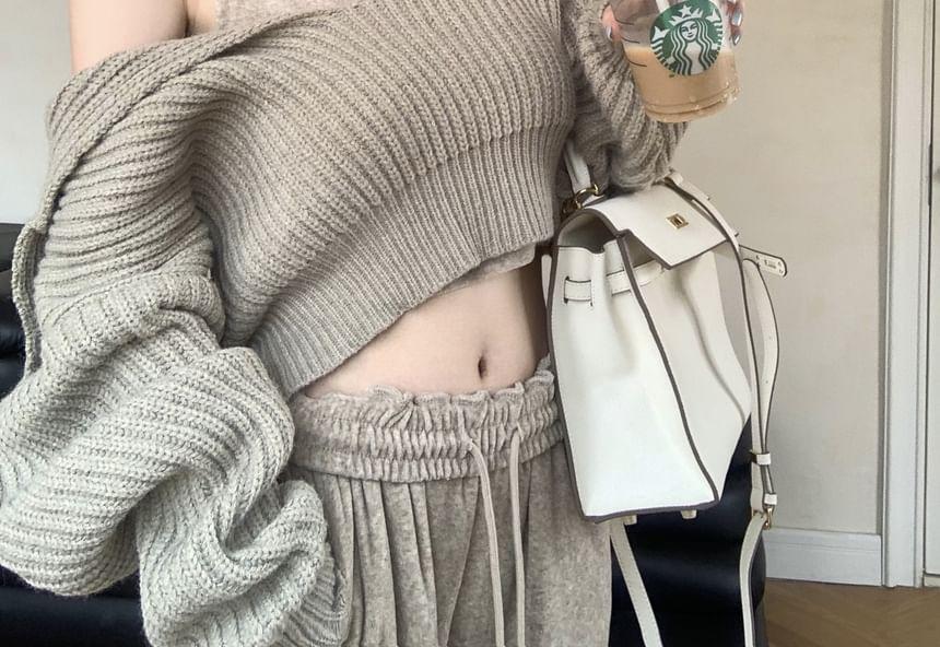 Mock Two-Piece Cold-Shoulder Plain Crop Sweater Product Image