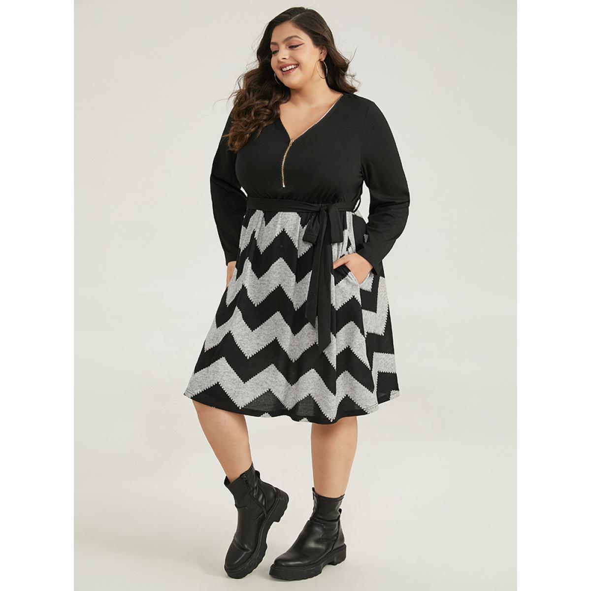 Plus Size Striped Pocket Elastic Waist Patchwork Zipper Dress Black Women Casual Zipper V-neck Long Sleeve Curvy Midi Dress BloomChic 14-16/1X Product Image