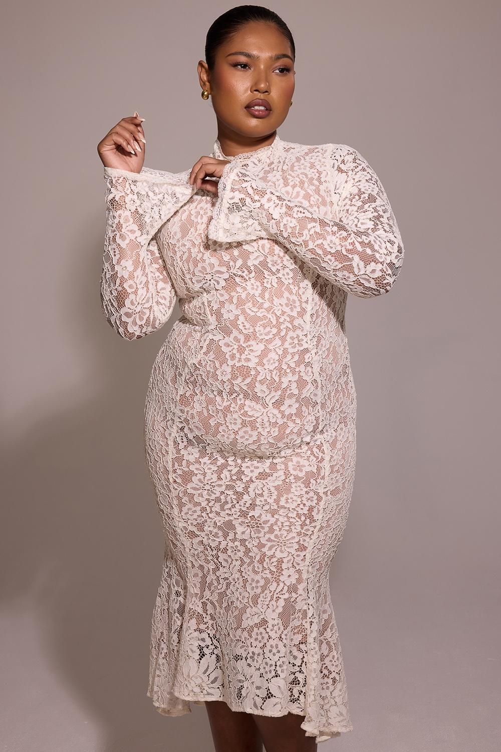 Sophia Vintage Ivory Lace Fitted Midi Dress Product Image