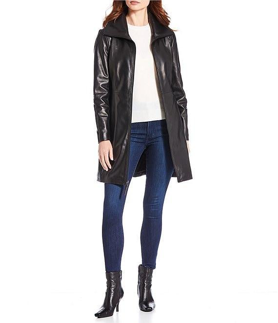 Katherine Kelly Genuine Lamb Leather Zip Front Wing Collar Jacket Product Image