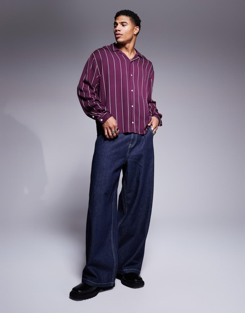 ASOS DESIGN oversized boxy revere shirt in burgundy stripe Product Image