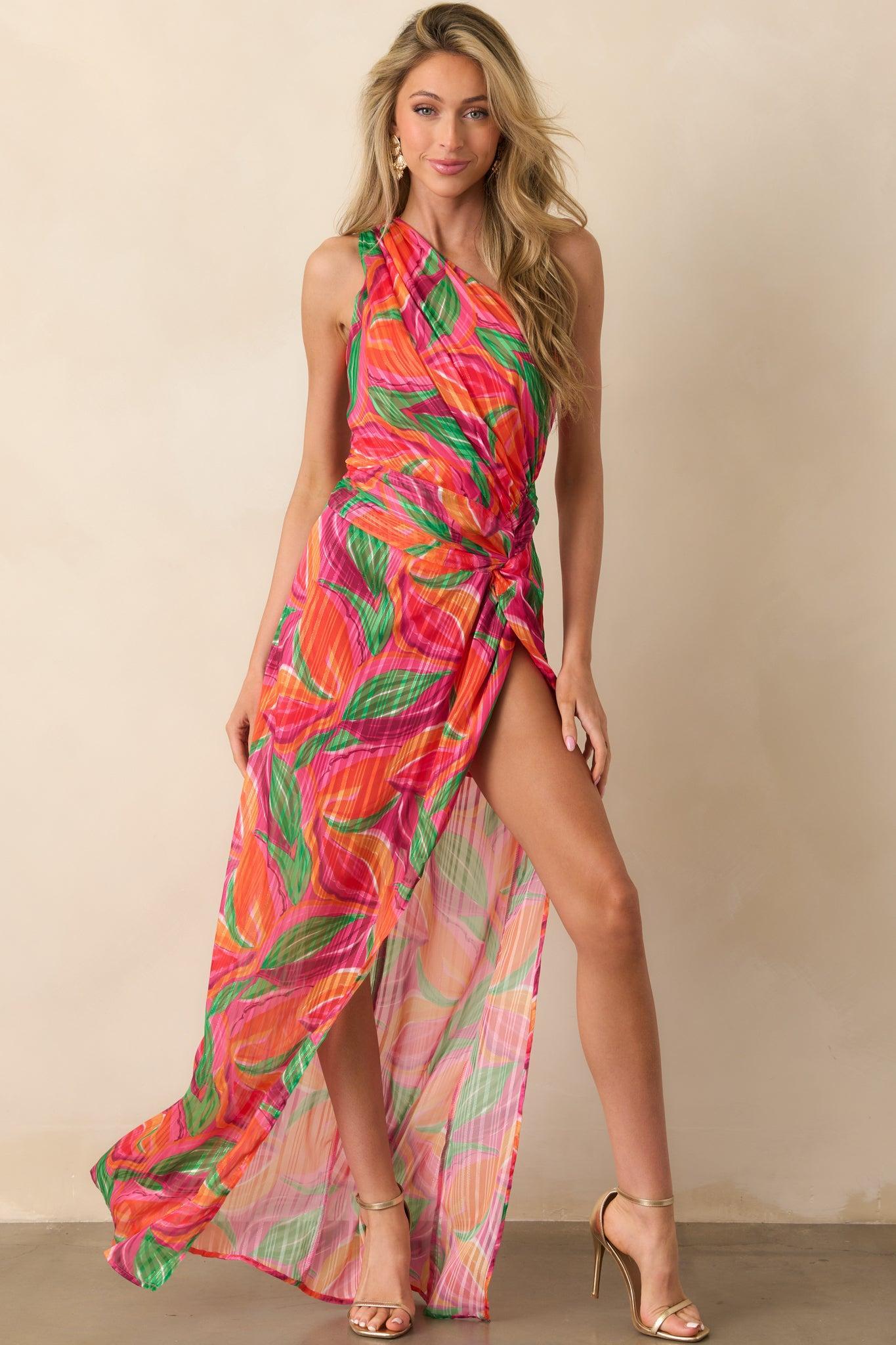 Shining Brighter Orange Multi Floral Print One Shoulder Maxi Dress Product Image