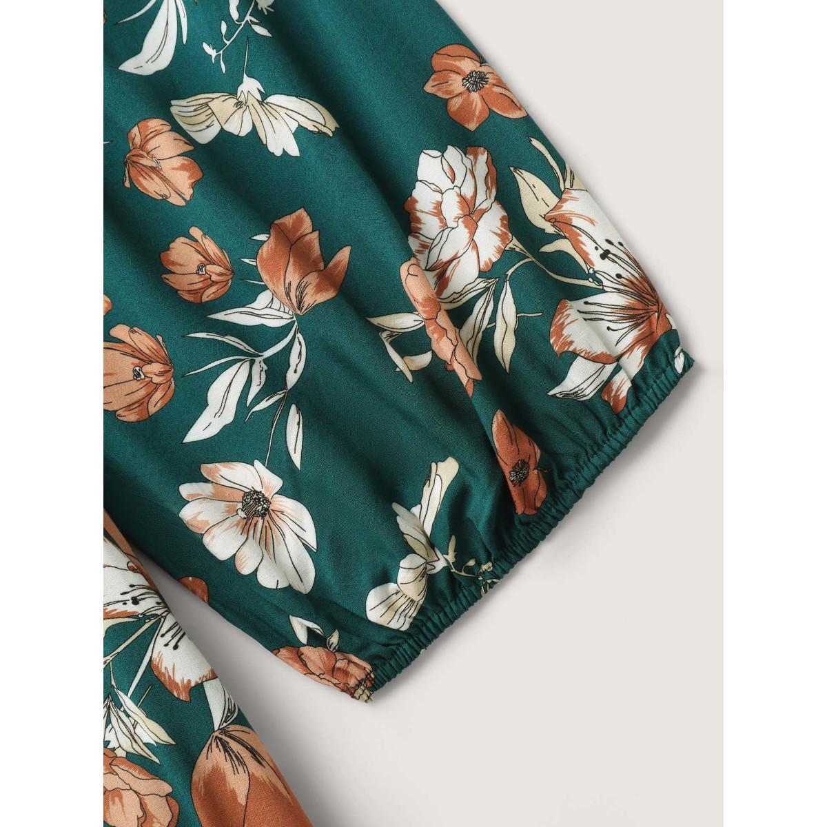 Plus Size Rayon Floral Shirred Stretchy Waist Midi Dress Cyan Women Square Neck Elbow-length sleeve Curvy BloomChic 28/5X Product Image