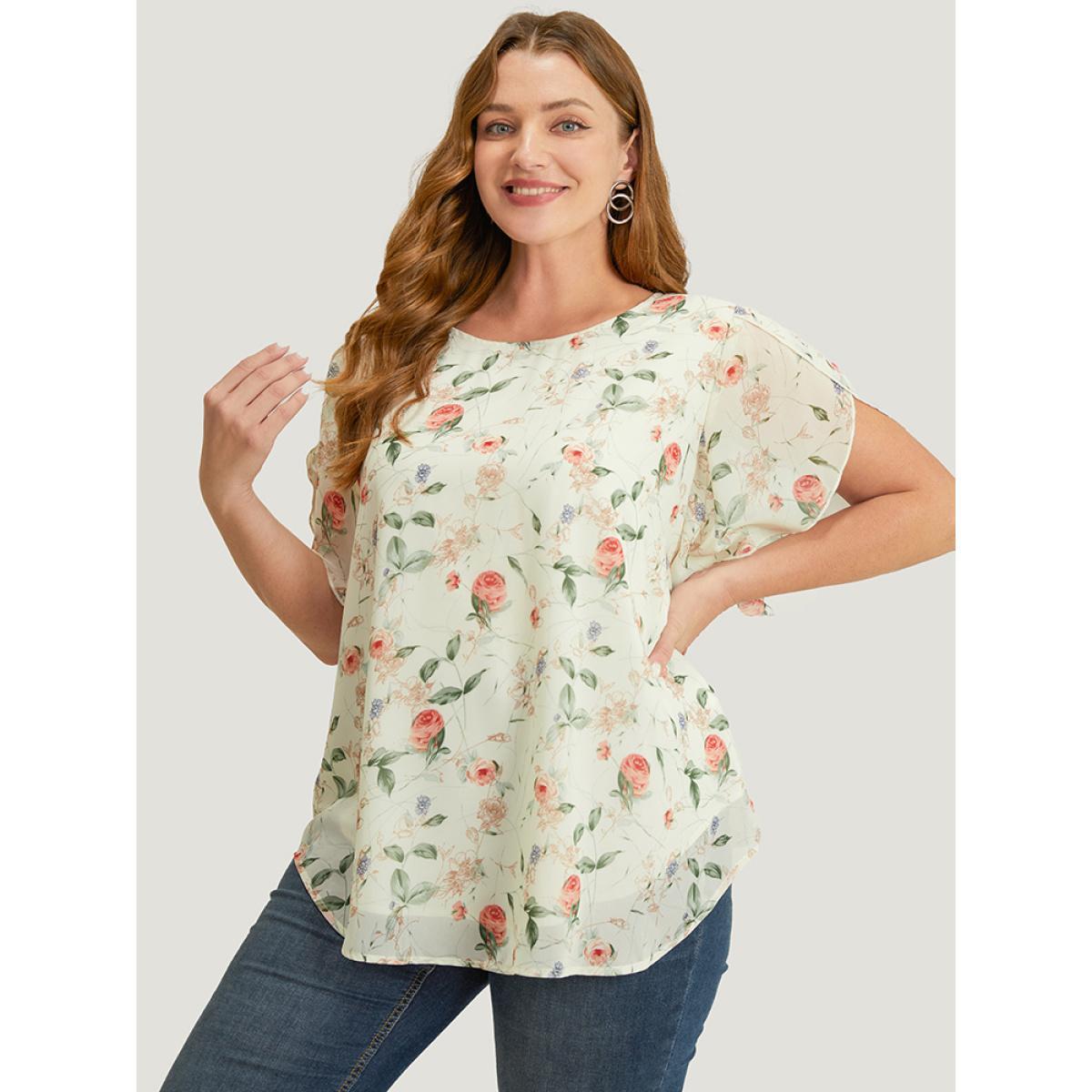 Plus Size Ivory Floral Split Sleeve Chiffon Blouse Women Elegant Short sleeve Round Neck Dailywear Blouses BloomChic 22-24/3X Product Image