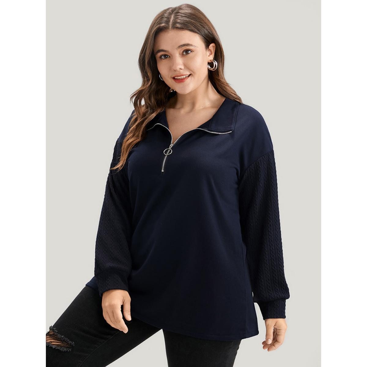 Plus Size Solid Drop Shoulder Zipper Lapel Collar Sweatshirt Women DarkBlue Casual Plain Lapel Collar Dailywear Sweatshirts BloomChic 12/L Product Image