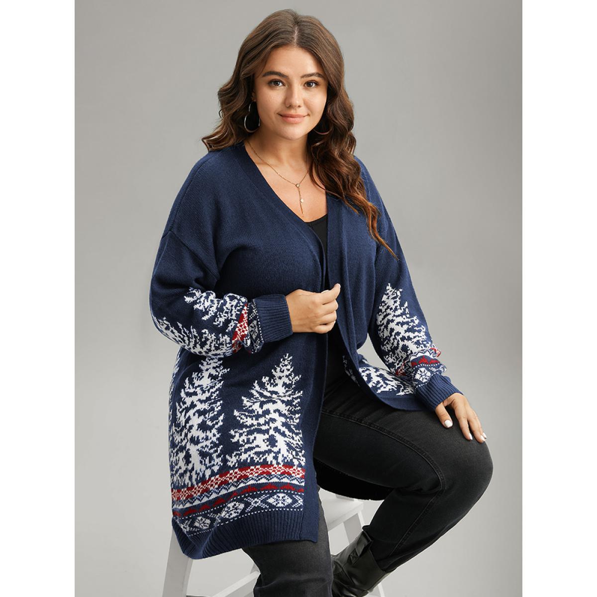 Plus Size Christmas Trees Contrast Cardigan Midnight Women Casual Loose Long Sleeve Festival-Christmas Cardigans BloomChic 10/M Product Image