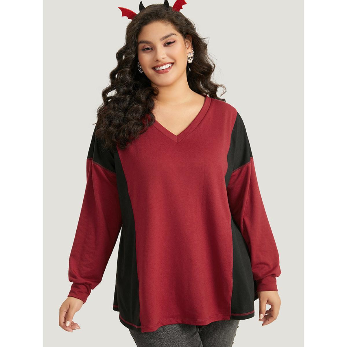 Plus Size Halloween Two Tone Stitch Patchwork Sweatshirt Women Black Casual Elastic cuffs V-neck Festival-Halloween Sweatshirts BloomChic 26/4X Product Image