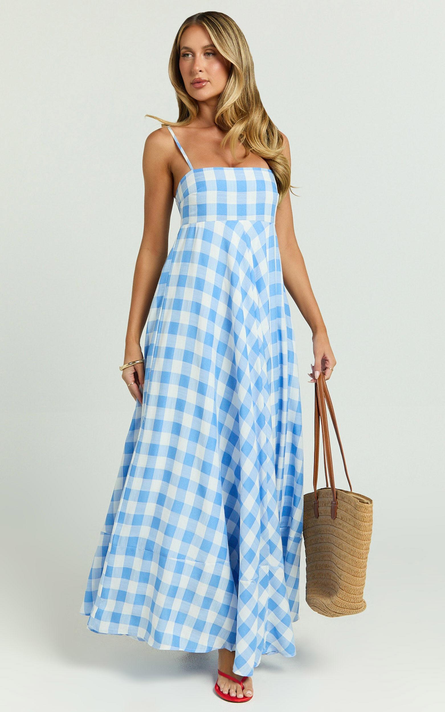 Katrien Maxi Dress - Strappy Empire Waist Flare Dress in Blue Check Product Image