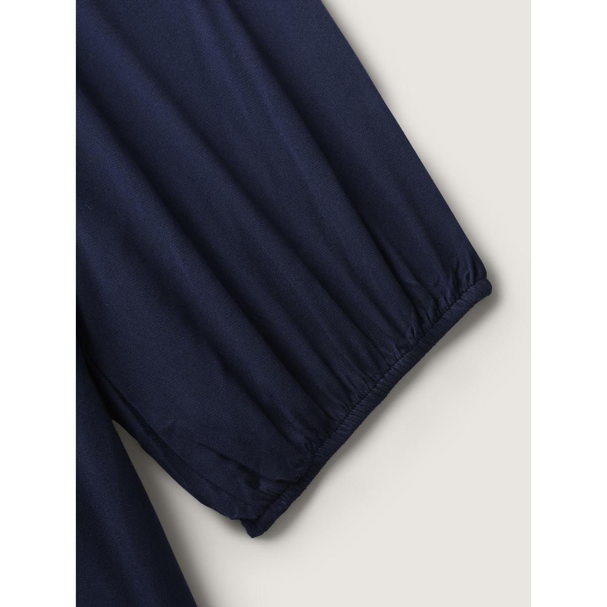 Plus Size Floral Embroidery Pockets Midi Dress DarkBlue Women Notched collar Elbow-length sleeve Curvy BloomChic 12/L Product Image
