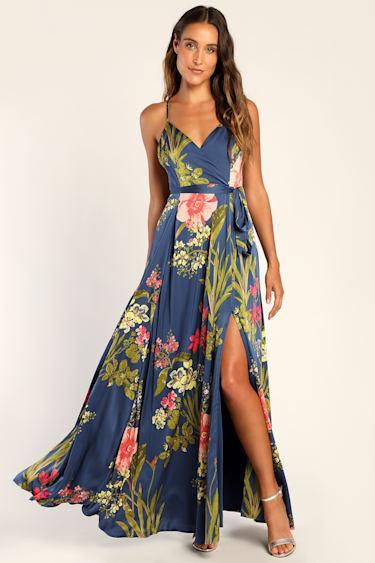 Still the One Blue Floral Print Satin Maxi Dress Product Image