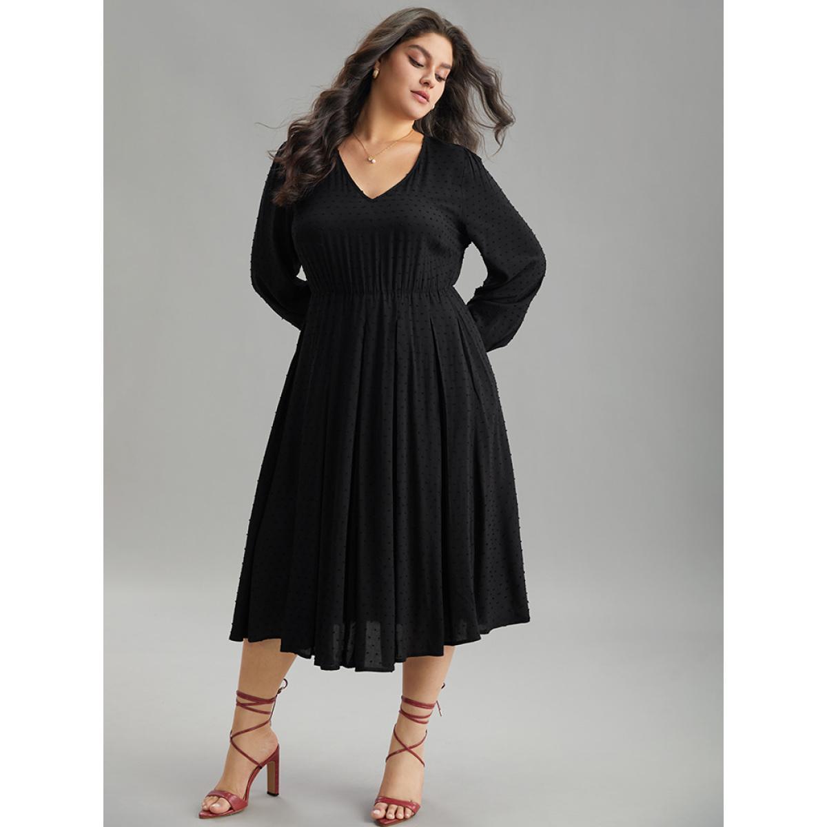 Plus Size Static-Free Solid Lantern Sleeve Pleated Dress Black Women Elegant Elastic cuffs Round Neck Long Sleeve Curvy Midi Dress BloomChic 22-24/3X Product Image