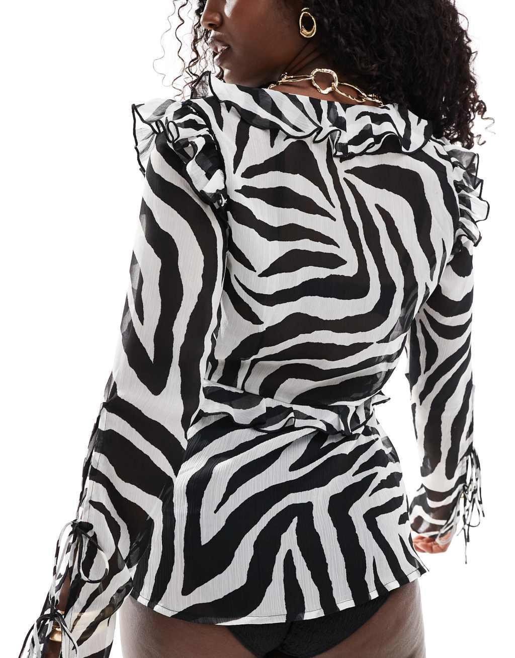Miss Selfridge beach chiffon tie front cover up in zebra print Product Image